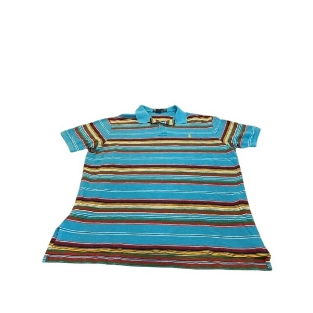 Polo Ralph Lauren Mens XXL Turquoise Blue Multi Color Striped Vintage Polo Shirt